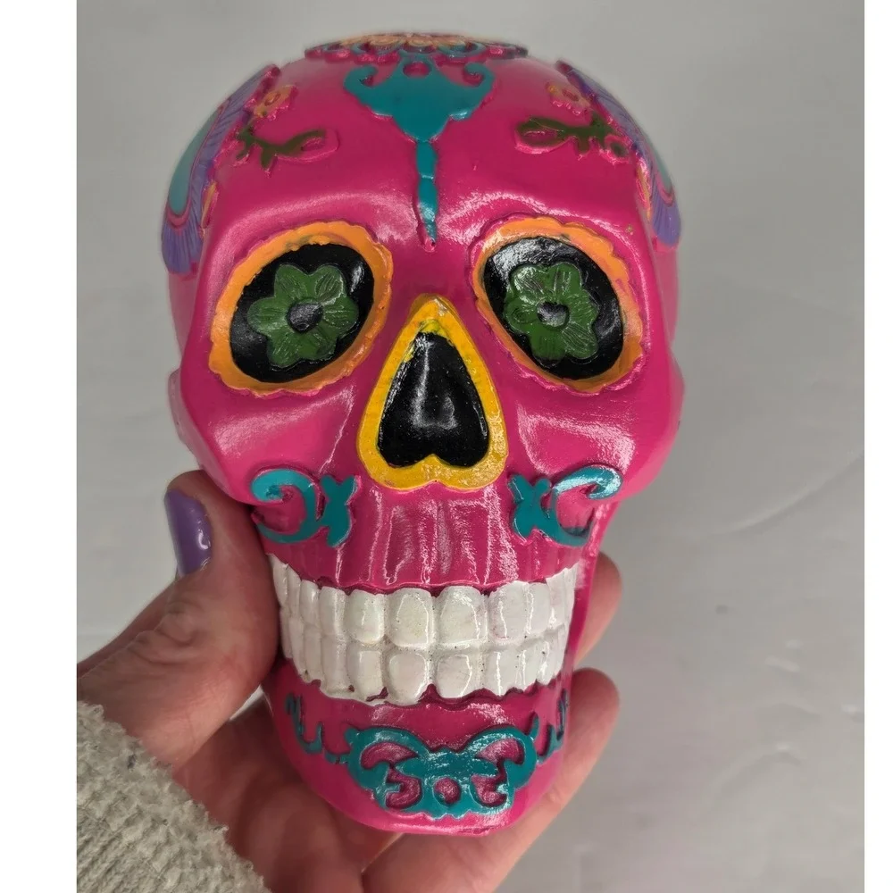 Pink Dia De Los Muertos Sugar Skull Figurine Floral Day of the Dead Decor